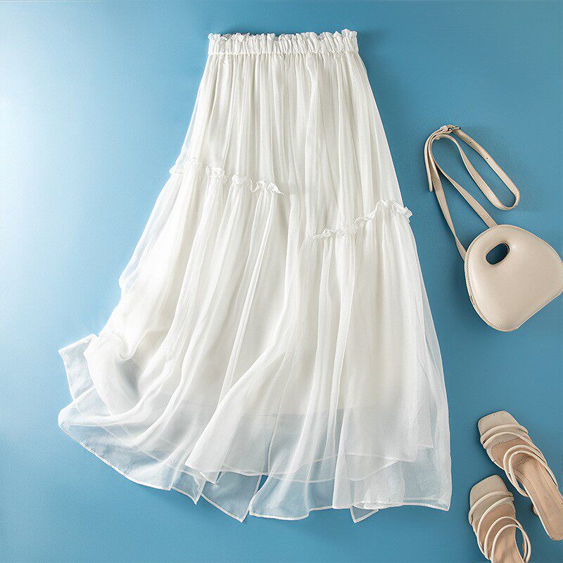 气质真丝桑蚕丝白色半身裙女长款2026夏季新款飘逸沙滩裙子仙女裙