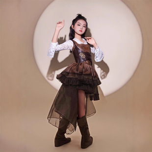 女童棕咖连衣裙皮朋克复古风走秀T台机械风中大童走秀秋冬礼服裙