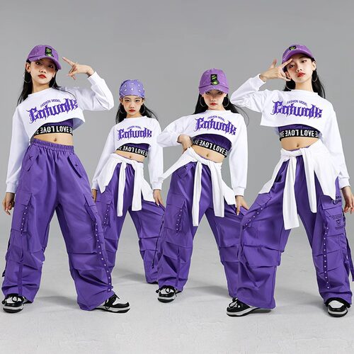 女童爵士舞演出服儿童街舞服装潮少儿紫色练功套装女孩多巴胺上衣