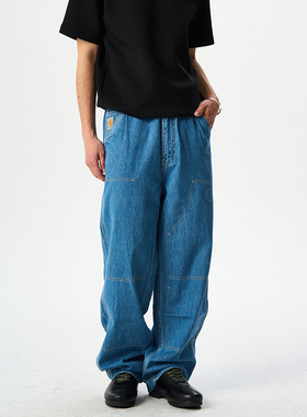 Removed Pocket Double Knee Pant假双膝水洗宽松直筒牛仔裤