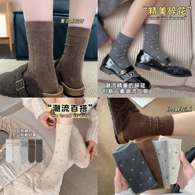 宠粉福利！拍一发5双！韩版秋冬新款复古碎花精梳棉中筒袜堆堆袜