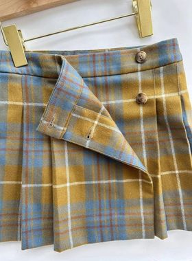 【现货】2024AW秋冬儿童新款 学院风 黄色格纹 羊毛毛呢 百褶半裙