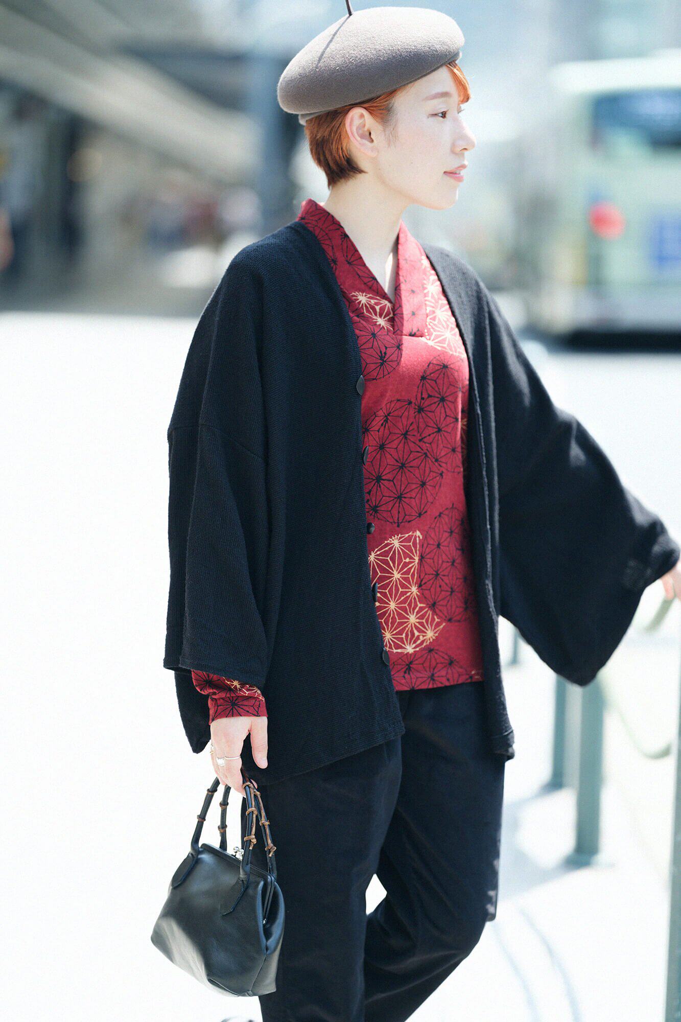 sousou代购日本京都设计师女交织羊毛呢料木扣和服袖上衣外套黑色