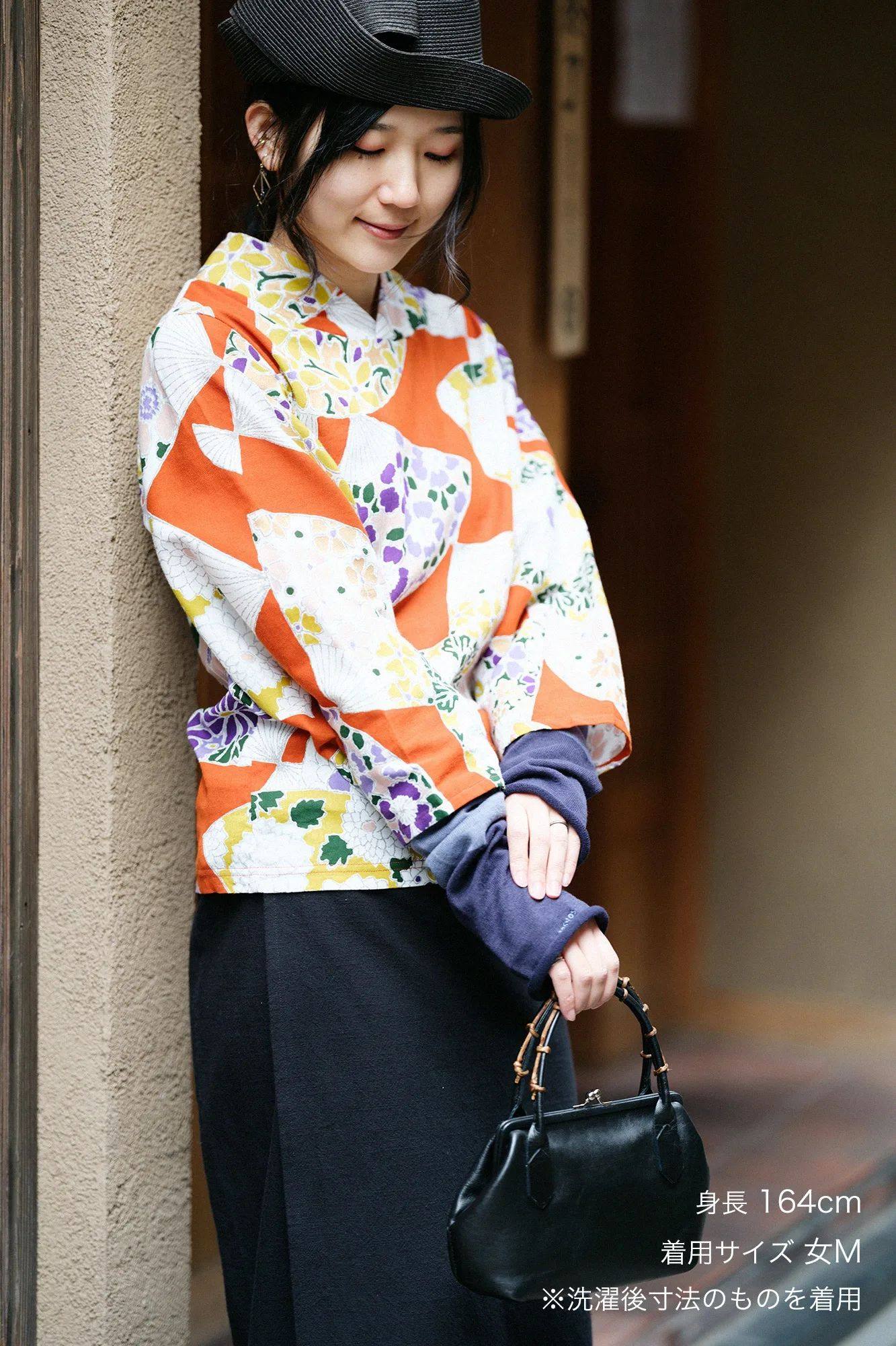 sousou代购日本京都设计师女宽松立V领上衣T恤高島縮和服袖扇子