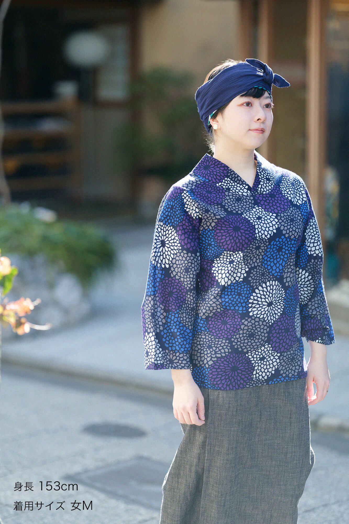 sousou代购日本京都设计师女宽松立V领上衣T恤高島縮和服袖菊夜