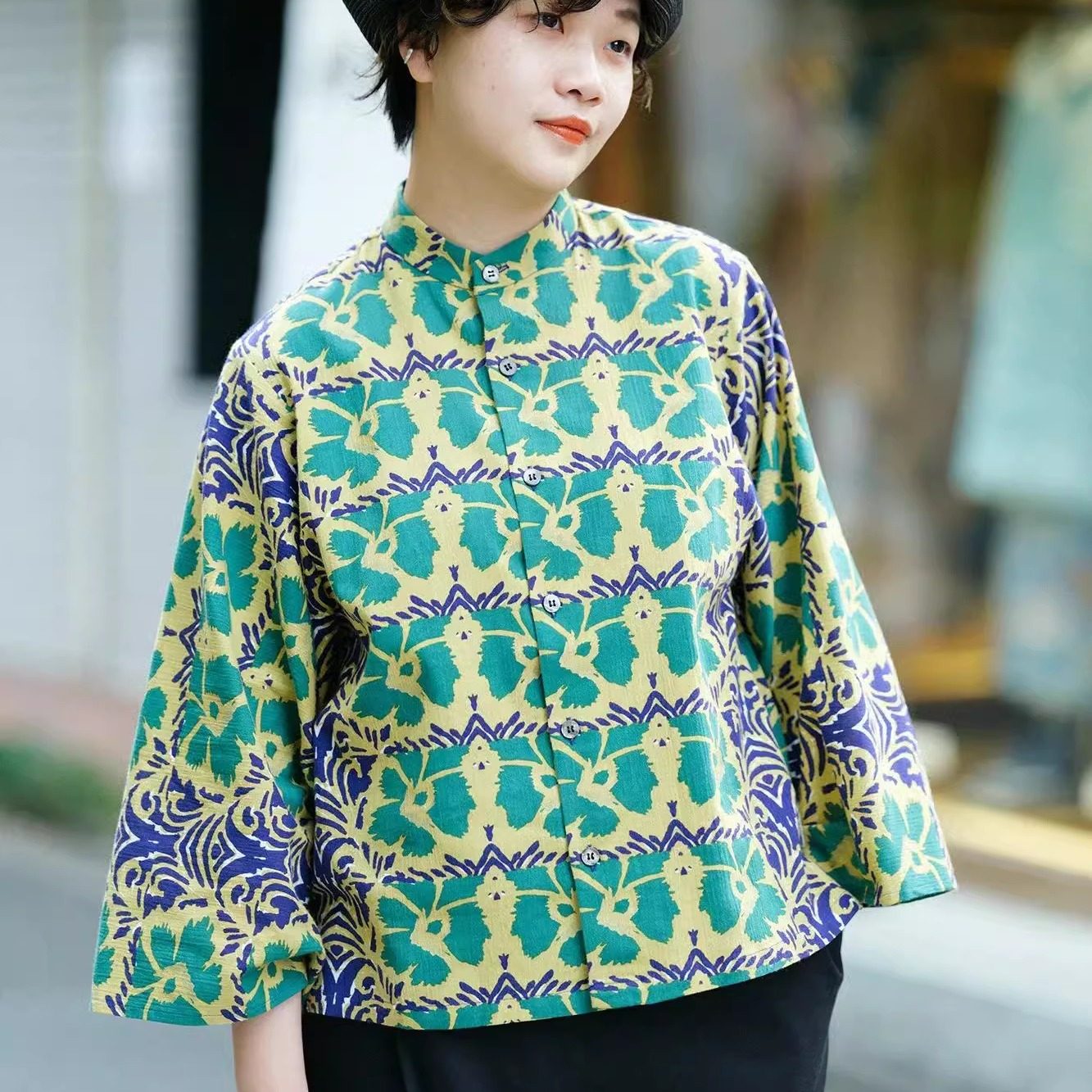 sousou代购日本京都设计师女宽松立V领上衣T恤高岛缩和服袖唐抚子