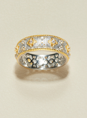 AHCHOO 静奢风S925纯银古法手工拉丝微镶锆石花环戒指双色指环女