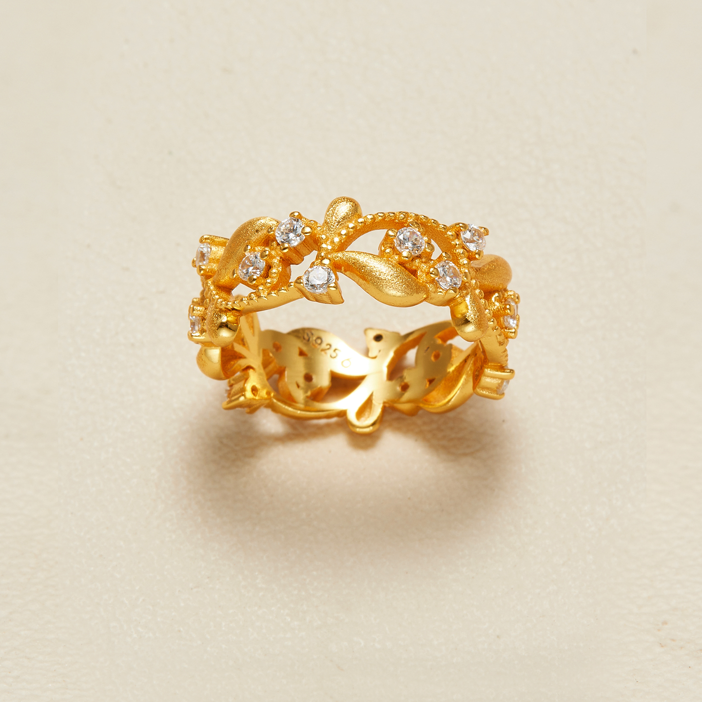 AHCHOO 静奢风S925纯银古法手工拉丝微镶锆石花环戒指花卉指环女