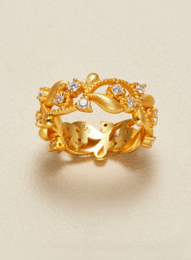 AHCHOO 静奢风S925纯银古法手工拉丝微镶锆石花环戒指花卉指环女