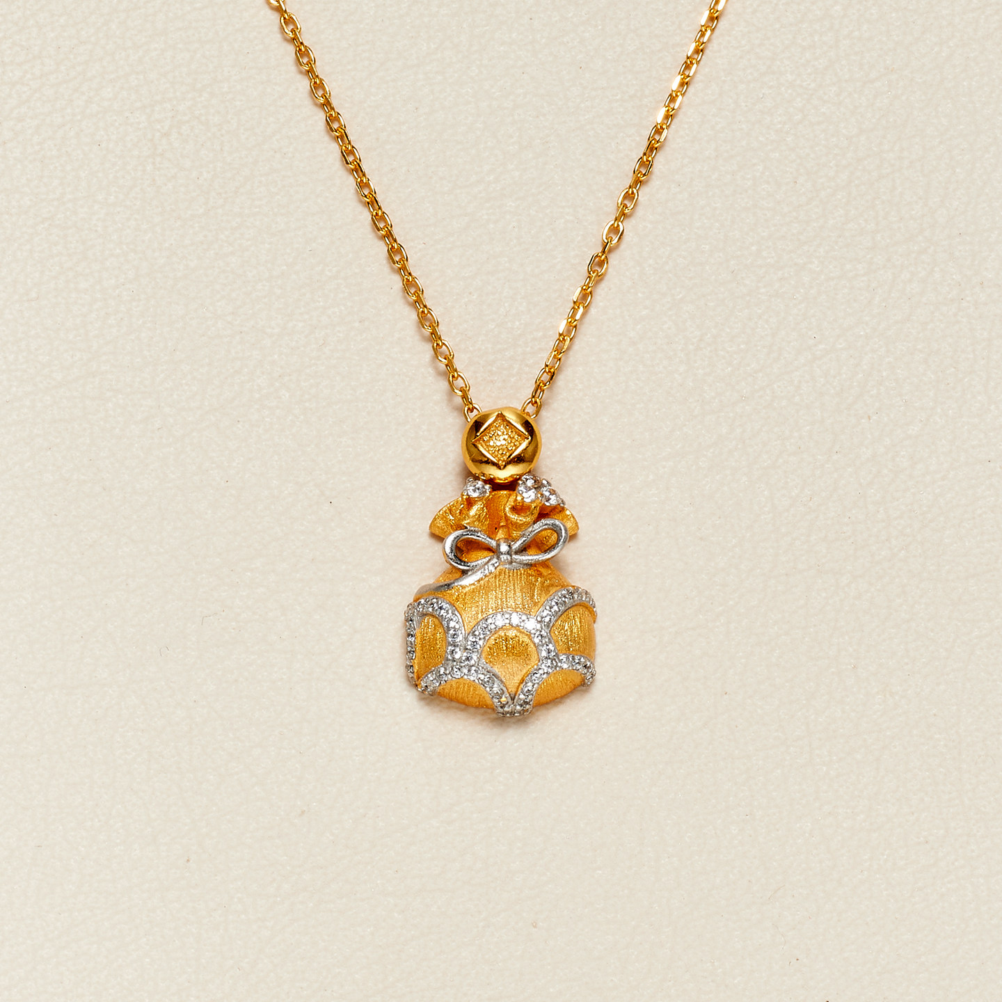 AHCHOO 手工古法S925纯银拉丝福袋项链满镶锆石盘缠钱币锁骨链女