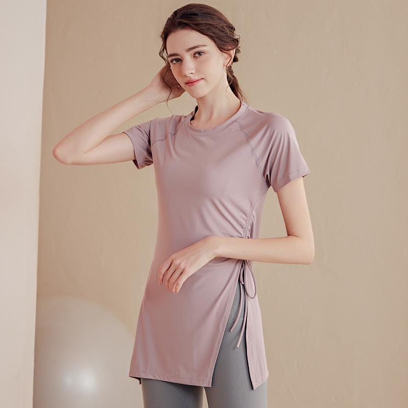 2025夏新款瑜伽服短袖中长款侧边开叉健身衣T恤修身显瘦运动上衣