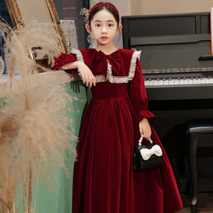 儿童钢琴表演礼服女童生日小主持演出服花童红色丝绒公主裙长袖冬