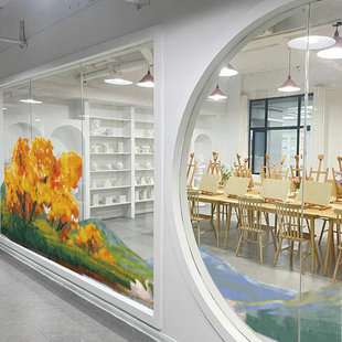 油画风秋天枫树风景贴纸静电艺术底纹幼儿园画室橱窗玻璃门装饰