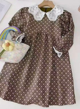 女童森系小碎花翻领连衣裙春秋季