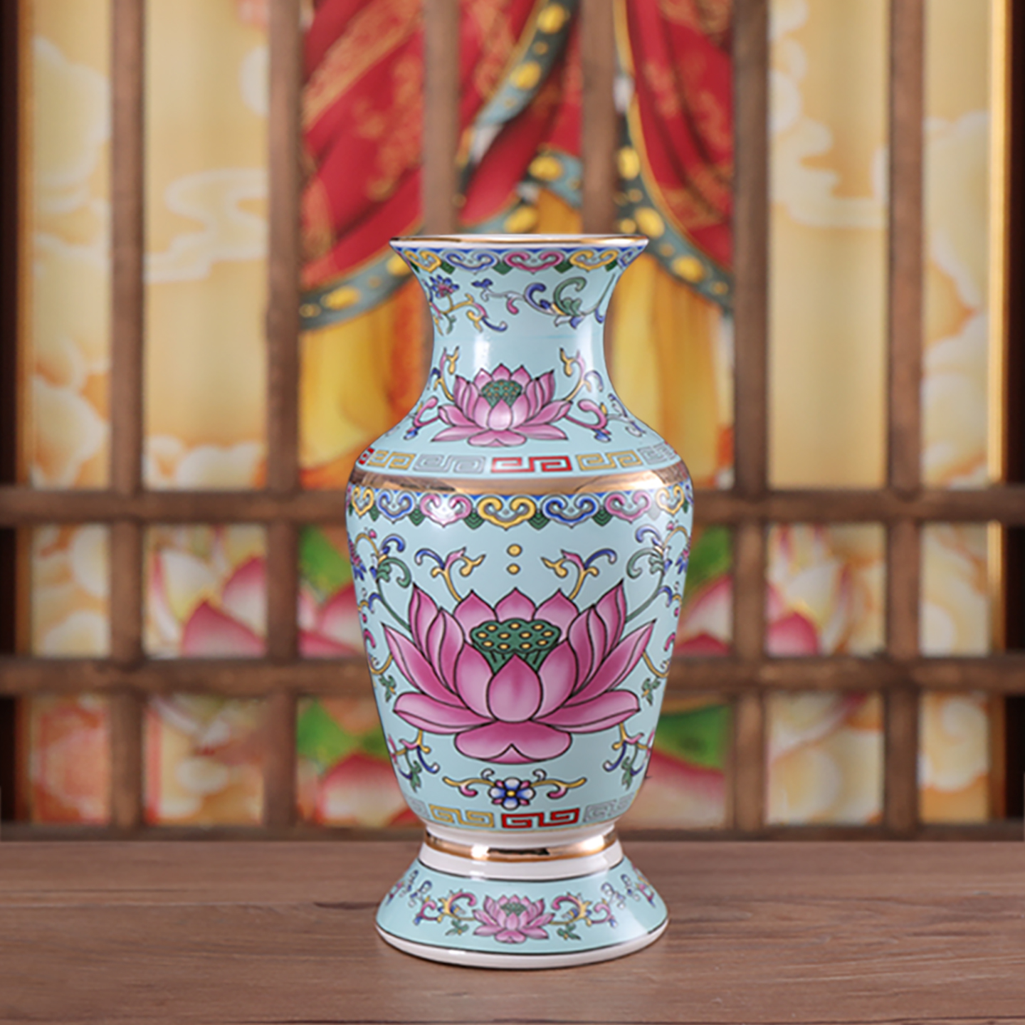 珐琅彩莲花瓶家用观音净水瓶陶瓷描金青色插花瓶佛堂香筒桌面摆件