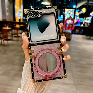 适用samsun三星galaxy+zflip6方形zflip5手机壳电话zflip4烫金zflip3全包保护套金属防撞渐变色镜子化妆防撞