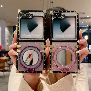 适用samsun三星galaxy+zflip6方形zflip5手机壳电话zflip4烫金zflip3全包保护套金属挂绳防撞新款渐变色镜子