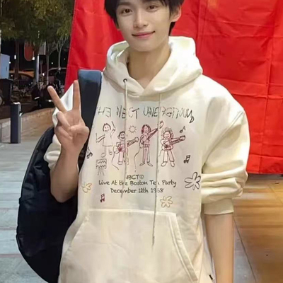 梓渝同款涂鸦乐队印花连帽加绒卫衣男女秋冬季宽松长袖外套上衣服