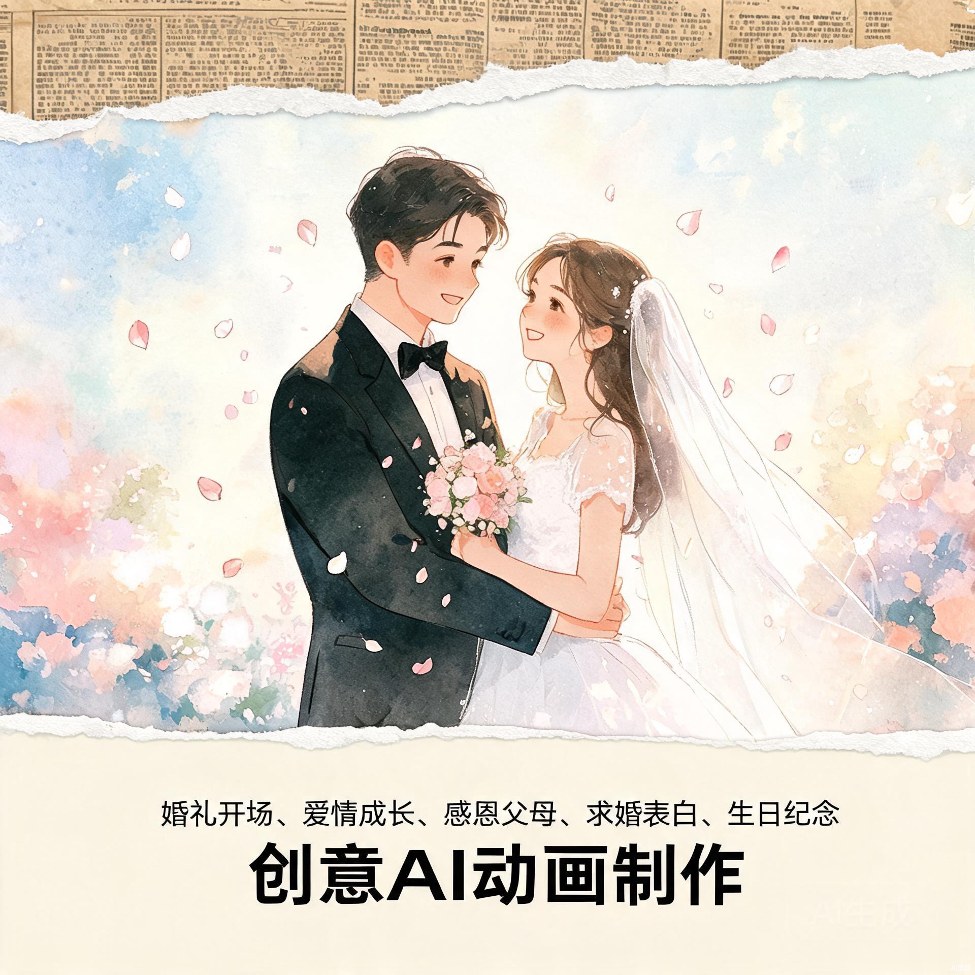 水彩手绘AI动画婚礼求婚生日纪FLASH/动画制作
