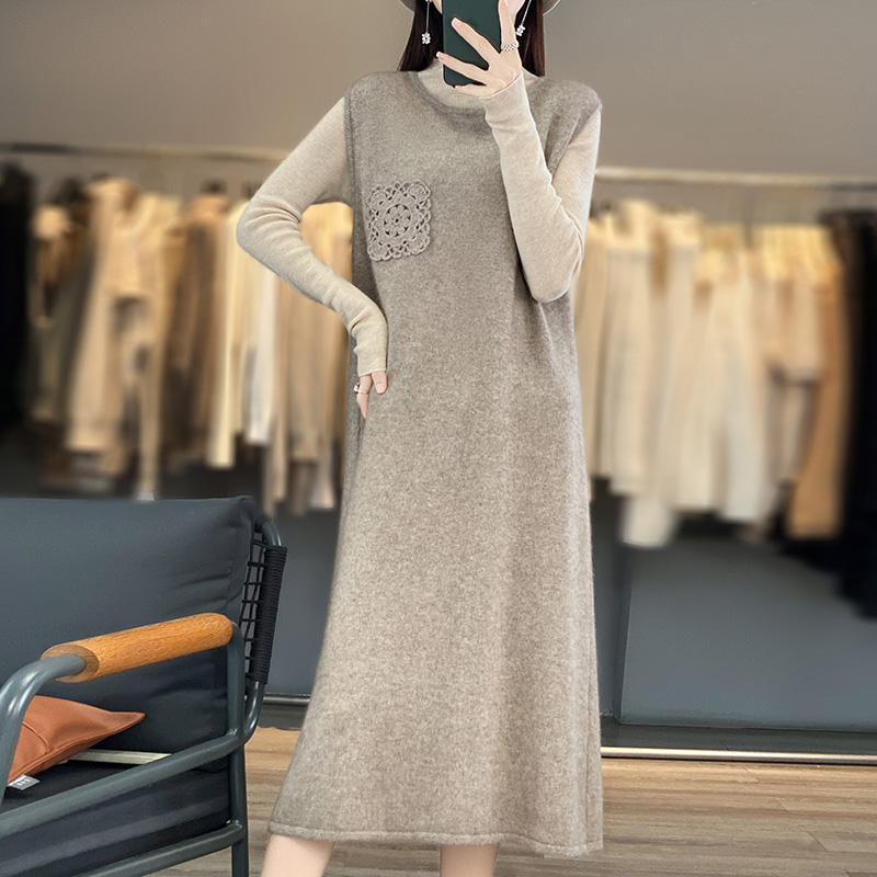 秋冬加厚全羊毛衫马甲连衣裙女圆领无袖背心针织宽松长款毛衣裙