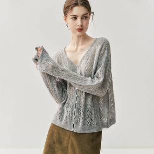 女宽松针织衫 镂空v领开衫 上衣 75%山羊绒25%桑蚕丝薄款 康宝莱纱线