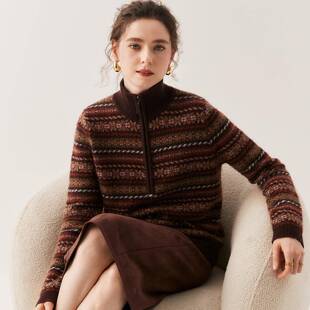 LP同款宽松复古山羊绒衫女加厚提花半拉链毛衣2025秋冬新款针织衫