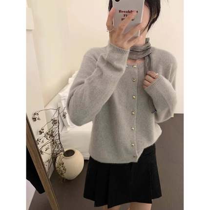 100%纯羊毛衫韩系南瓜色毛衣圆领系扣开衫宽松休闲内搭针织SZ966