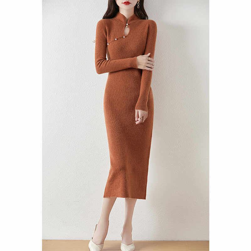 中式高级感纯羊毛连衣裙女改良旗袍秋冬针织修身显瘦气质打底长裙