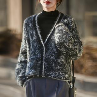 HE| 拉毛工艺!5%山羊绒95%羊毛针织开衫女V领晕染毛衣宽松厚外套