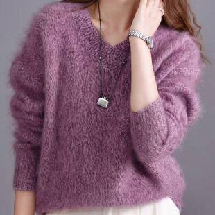 三股加厚拉绒5%山羊毛纯羊毛衫短花纱V领毛衣宽松慵懒风针织MX902