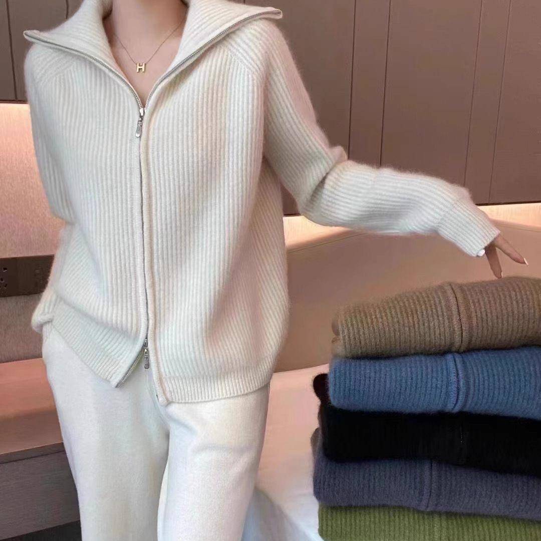 100%纯羊毛韩版大翻领加厚元宝针双拉炼开衫针织egg毛衣外套秋冬