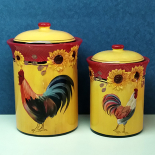 【特惠】手绘陶瓷花卉浮雕手绘大公鸡储物罐\密封罐/料罐/马克杯