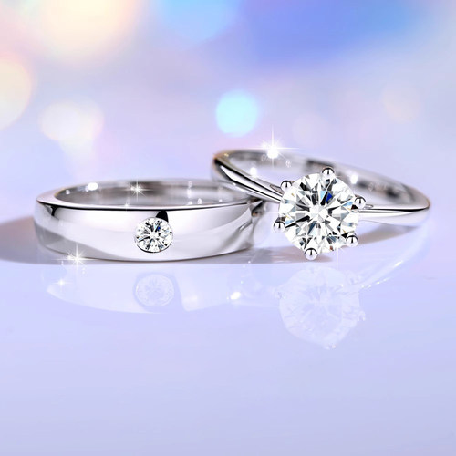 DR情侣对戒纯银999一对莫桑石钻戒求婚结婚戒指生日礼物送男女友