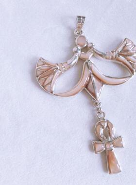 新品 天然贝母白贝粉贝双睡莲十字安卡安克生命之匙项链吊坠银饰