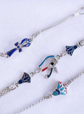 古埃及风手工银安卡安克生命之匙十字架莲花荷露斯之眼手链