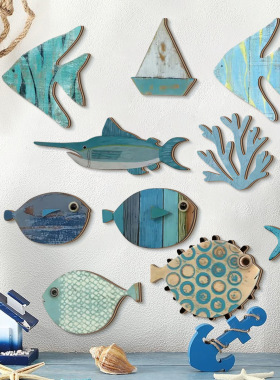 创意木质多色小鱼木质标志背景墙