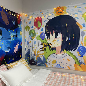 ins卡通治愈插画墙壁装饰挂毯床头卧室房间挂布出租房背景布墙布