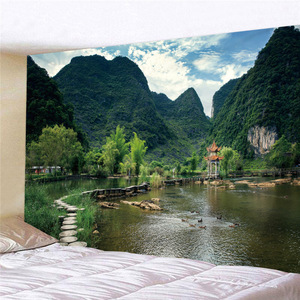 山水风景画超大背景布卧室沙发客厅墙面装饰直播挂布房间布置挂毯