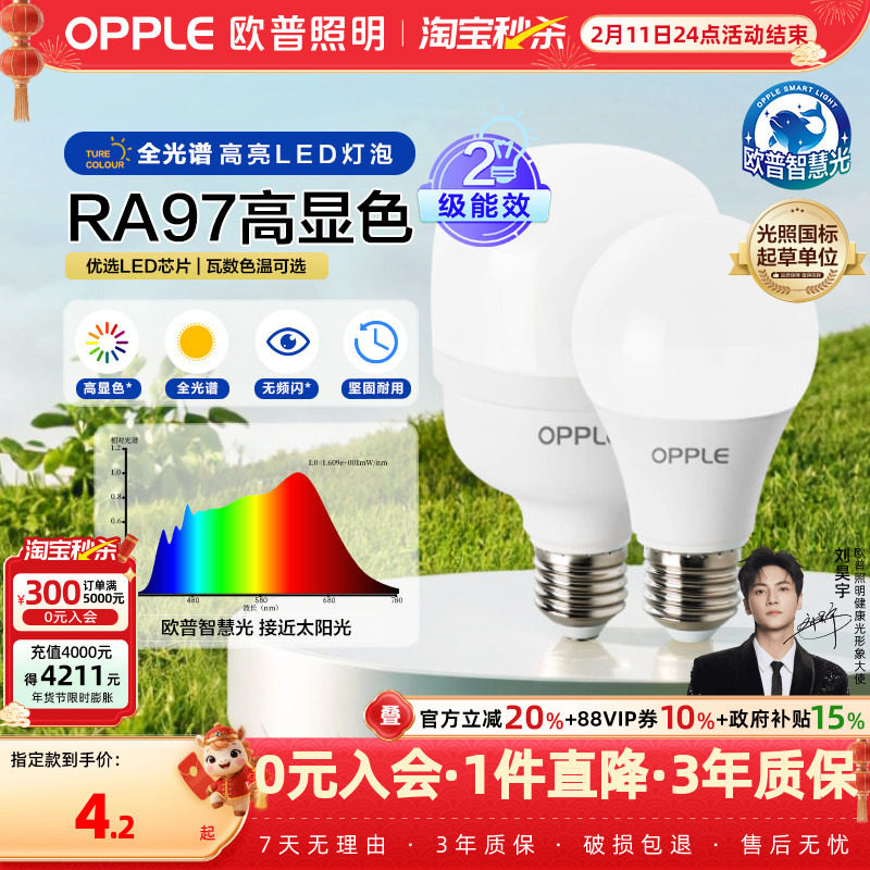 欧普led全光谱灯泡e27e14螺口球泡灯家用节能灯超亮白光暖光灯泡