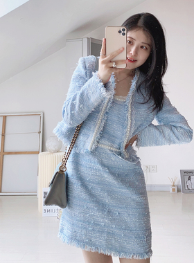 51matcha高级定制蓝色珍珠装饰粗花呢小香风气质名媛套装秋季新款