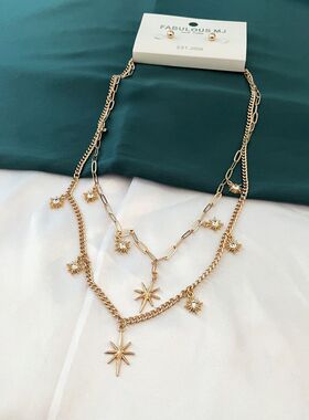 时尚金色星星多吊坠双层项链