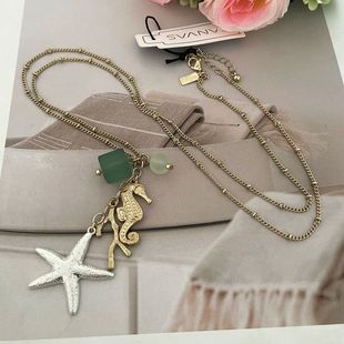 s64欧美外贸原单多挂件哑光金纹理海星海马玻璃气质创意设计项链