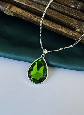 s24外贸欧美原单首饰品银色长款帝王绿大颗莱茵石宝石项链毛衣链