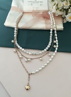 s69小众时尚百搭人造珍珠多层叠佩戴锁骨链气质潮搭爱心吊坠项链