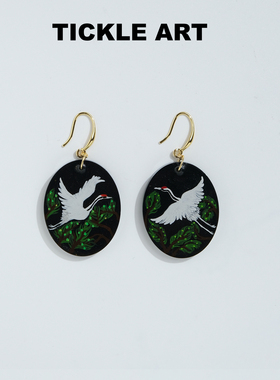 tickle原创设计手绘仙鹤新中式国风耳环女小众艺术手作耳饰耳夹