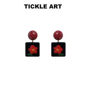 tickle原创设计手绘黑色小花耳钉复古甜酷小众艺术简约耳饰耳夹女