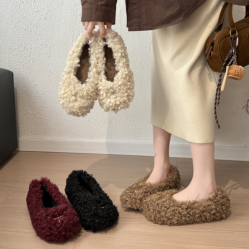 羊卷毛豆豆鞋女加绒毛毛鞋2025年秋季新款羊羔毛懒人鞋平底棉瓢鞋