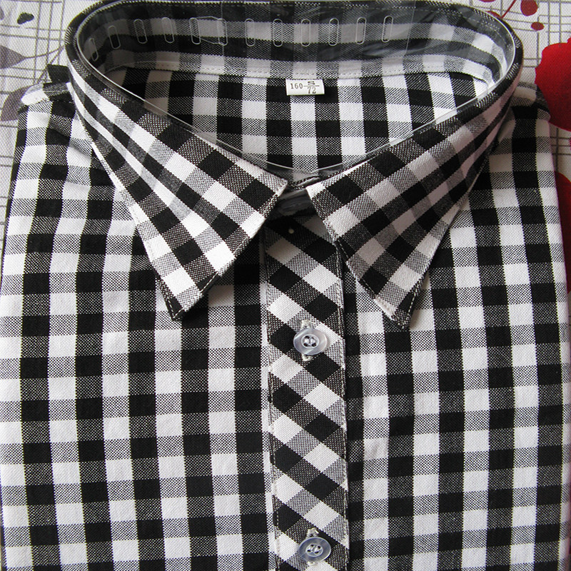 女士衬衣长袖怀旧经典黑白格子亲肤纯棉粗布土布女式修身衬衫上衣