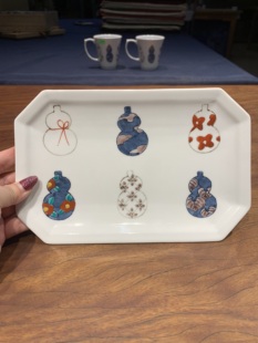 23.5×15×2cm 手绘陶瓷葫芦八角长盘 B日本有田伊万里烧 德七窑