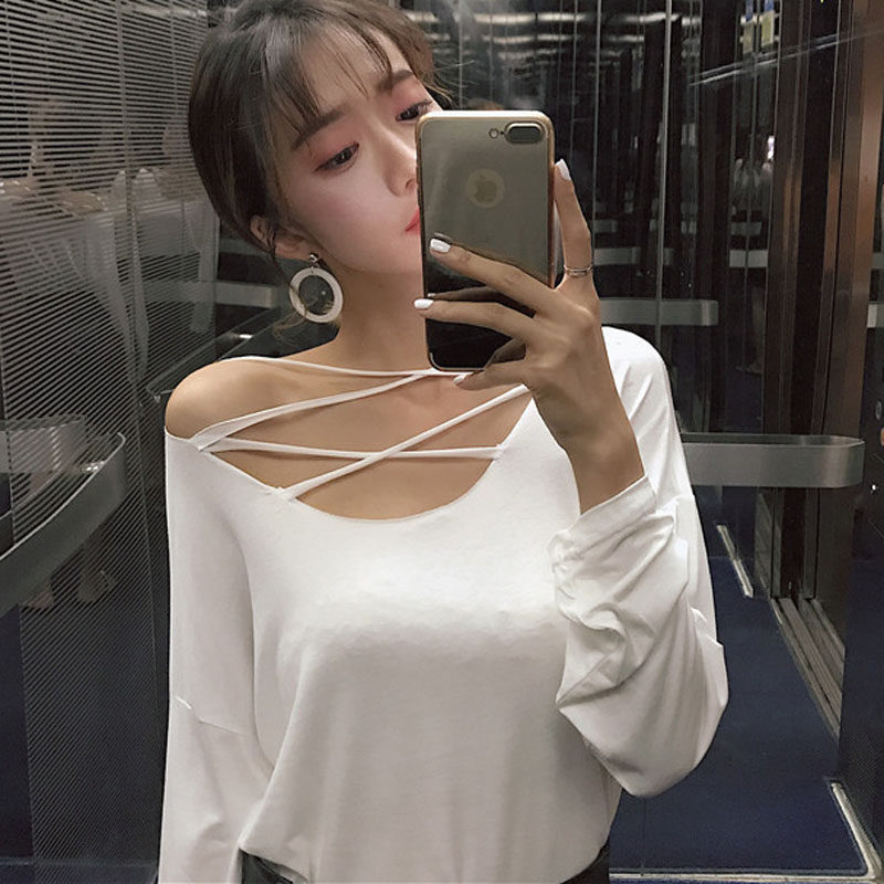 藤堂家大码女装交叉上衣V领露肩弹力莫代尔显瘦t恤长袖大领口绑带图片